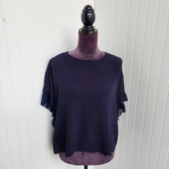 Zara Women's Basic Collection Stretch Navy Flutter Back Buttons Blouse Top  Sz S - Picture 1 of 9